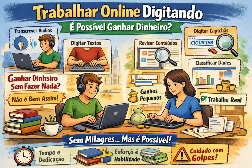 Ilustração de pessoas trabalhando online digitando textos no computador para ganhar dinheiro na internet com tarefas de digitação e transcrição.
