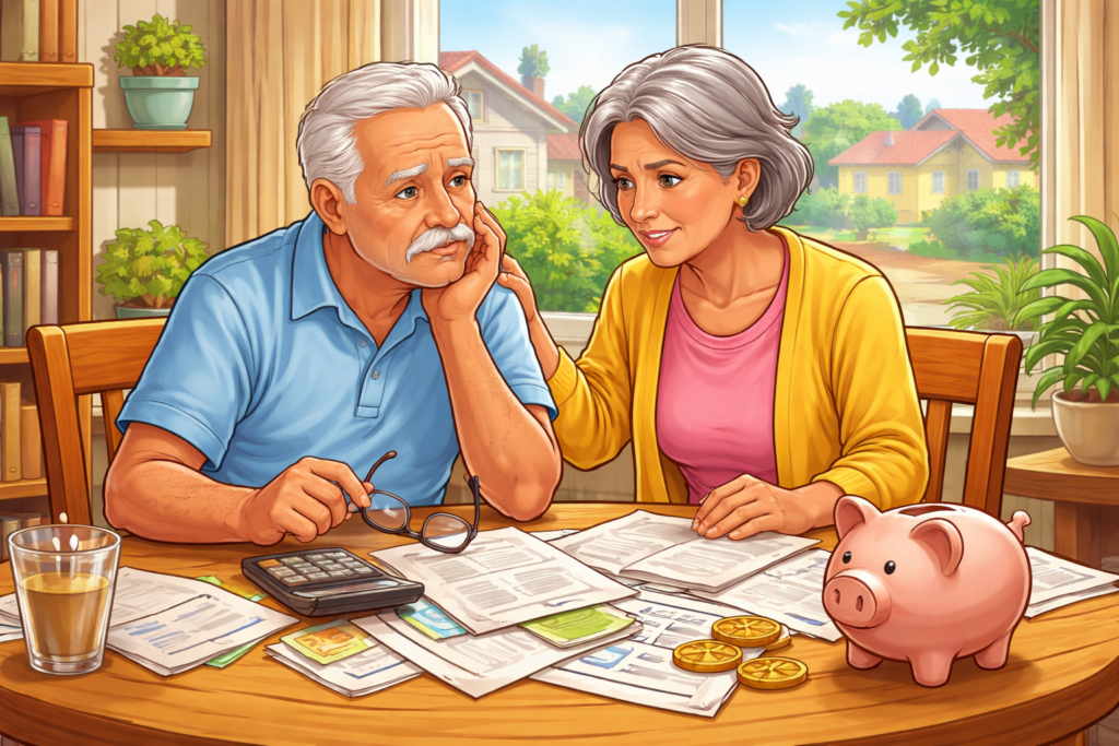 Casal de aposentados analisando contas e dinheiro em casa, preocupados com a renda e planejamento financeiro
