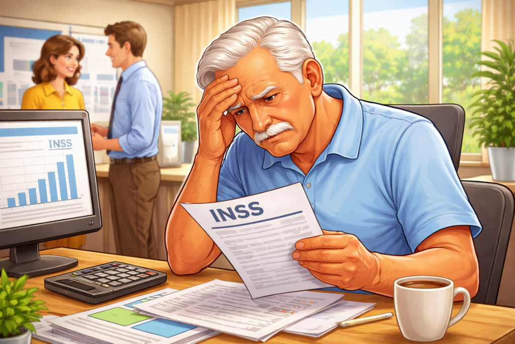 Aposentado analisando documento do INSS com expressão de dúvida sobre contribuição ao voltar a trabalhar