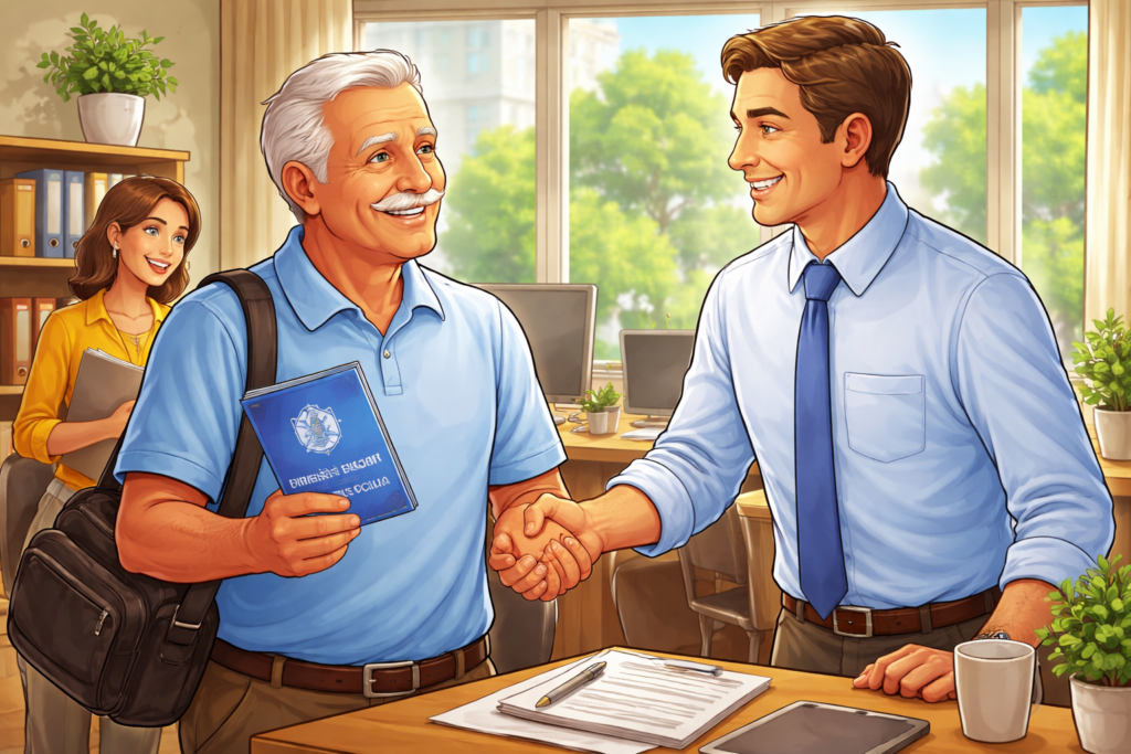 Aposentado sendo contratado com carteira assinada em escritório, simbolizando trabalho formal após aposentadoria