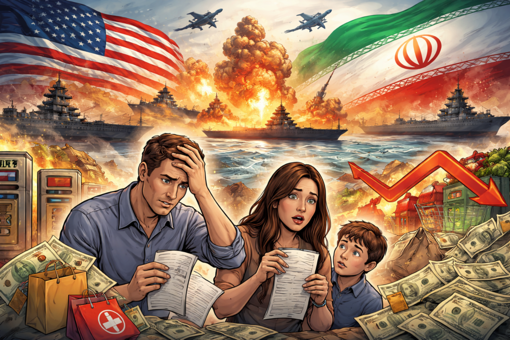 Illustration of a worried family holding bills and money while a conflict between the United States and Iran unfolds in the background, symbolizing the economic impact of war and rising cost of living.