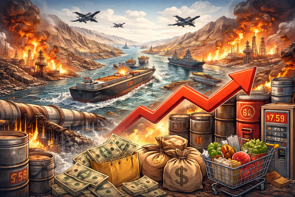 Illustration of oil tankers navigating the Strait of Hormuz amid conflict, symbolizing global economic impact, rising oil prices, and inflation affecting everyday life.