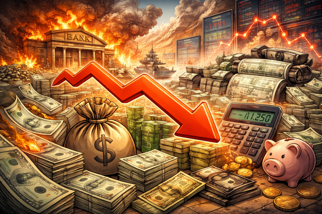 Illustration of economic crisis with falling money value, burning bank, declining charts, and cash losing value, symbolizing inflation and financial instability.